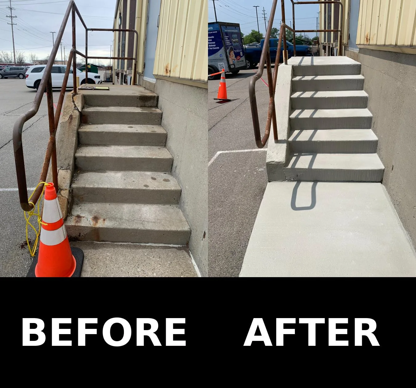 Before and after commercial concrete stair repair for an Amtrak-area job